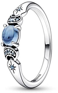 Pandora Disney Anillo con diseño de Jasmine de Aladdín en plata de ley con cristal azul helado y azul claro de luna, talla 58