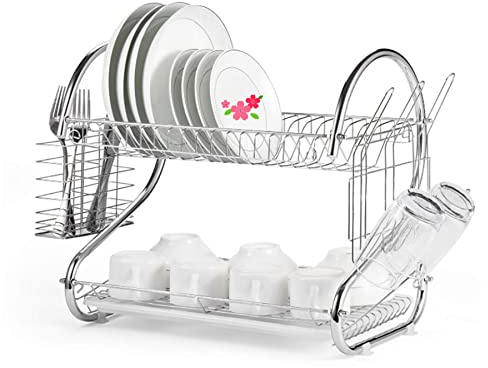 RELOVE Scolapiatti a 2 livelli, multifunzione, supporto per ciotola per tazze, scolapiatti con vassoio di scarico per cucina, 40 x 26 x 37 cm (gabbia per baguette + portabicchieri)