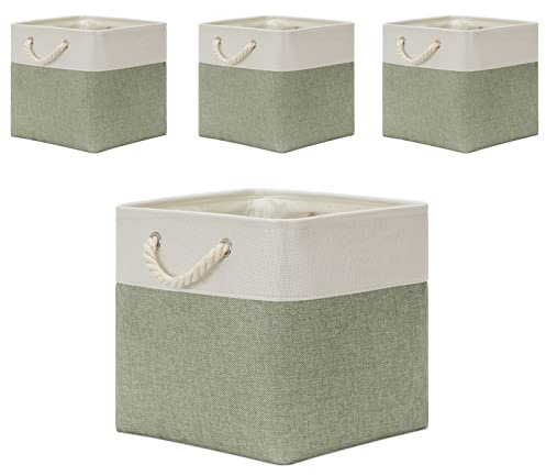 Temary Cube Storage Bins 13x13, 4 Pack Large Bins with Handles; Decorative Storage Baskets for Home (White & Green)