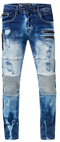 Rusty Neal Biker-jeans för män Misato, DIE-absolute-jeans, slim fit, stretch, destroyed biker, zip-design med snygg knappslå och kontrastsöm 241, Havsblå använd, 32W x 32L
