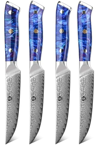 WILDMOK Juego de cuchillos para bistec de Damasco de 12 cm, 4 cuchillos de cocina para bistec profesionales afilados, de acero Super VG10 japonés con mango G10 de espiga completa (Mango azul)