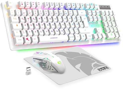 EMPIRE GAMING - Armor RF800 Wireless Recargable Gaming Teclado y Ratón Set QWERTZ (disposición DE) - Teclado 2,4GHz RGB - Ratón 4800DPI con alfombrilla para ratón - PC PS4 PS5 Xbox One/Serie Mac