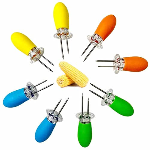 Porta mais - Attrezzo per spogliarello di mais su pannocchie, in acciaio inox, con manico in silicone, per barbecue, cocktail, shish kabob, elementi essenziali per feste, 8 pezzi