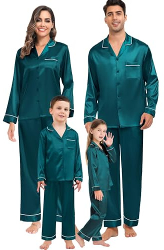 SWOMOG Pyjama familial assorti à boutons en satin de soie, chemise à manches longues, pantalon long, vêtements de nuit 2 pièces, tenue de détente, Homme vert, M