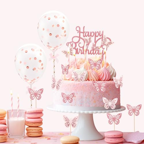 Romon 15 pcs Mariposa Feliz Cumpleaños Decoracion Suministros Set, Decoracion Tartas Cumpleaños con 2pcs Rose Gold Globo para Niños Niñas Feliz Cumpleaños Fiesta Decoraciones