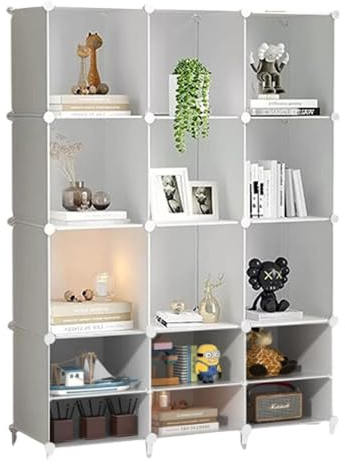 XOKOTAKI Estantería Modular con 12 Compartimentos, Estante con Módulos, Almacenaje en Cubos, Librería de Plástico, para Zapatos, Ropa, Libros, Fácil Montaje, Armario Ropero, Blanco.
