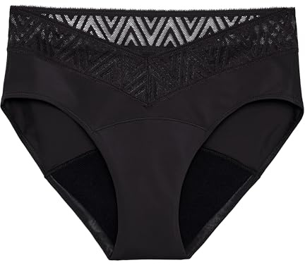 THINX Period Underwear, Comfort-Stretch Hip Huggers, Holds Up to Regular 12 Tampons*, Period Panties, Menstrual Underwear for Women, Leakproof & Reusable, Black with Lace, L