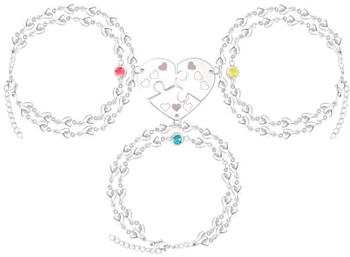 Uloveido Juego de 3 Pulseras BFF en Capas para 3 Amigas - Cadena de Eslabones de Corazón de Acero Inoxidable a Juego Pulseras de Corazón Rompecabezas Mejores Amigas para Mujeres Regalo de Amistad