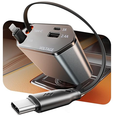 GUSGU 100W Retractable Car Charger, 4-in-1 Fast Car Phone Charger Featuring a 2.6ft Retractable Cord, with Lightning and USB-C Cable Car Charger Adapters, Compatible All Other Phone Models (Silver)