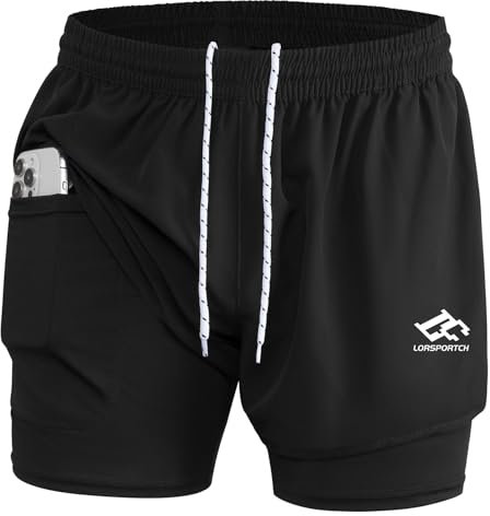 LORSPORTCH Herren Laufshorts 2 in 1 Shorts Gym Athletic Shorts Outdoor Marathon Workout Trainingsshorts Mit Eingebaut Taschen Schwarz XL