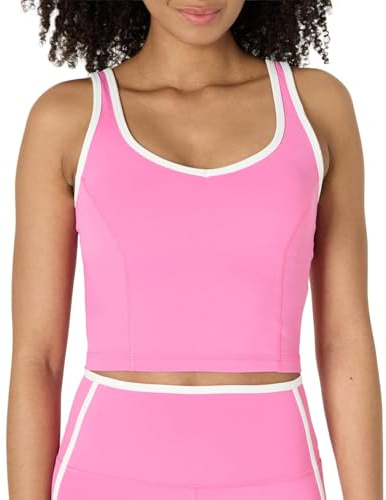 Amazon Essentials Top Corto de Tirantes Deportivo de Tejido FormFlex Ultrasuave con Soporte Ligero, Sujetador y Ribete en Contraste Mujer, Blanco/Rosa Flamenco, L