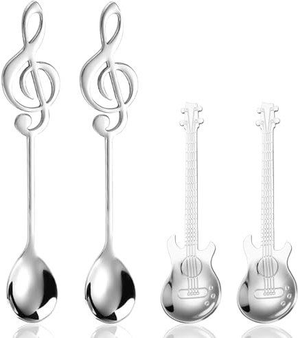 Wjelet Lot de 4 cuillere a cafe en acier inoxydable - petite cuillère à dessert - Cuillères à dessert décoratives - Note de musique - Pour thé, lait, café, dessert, boisson, milkshake