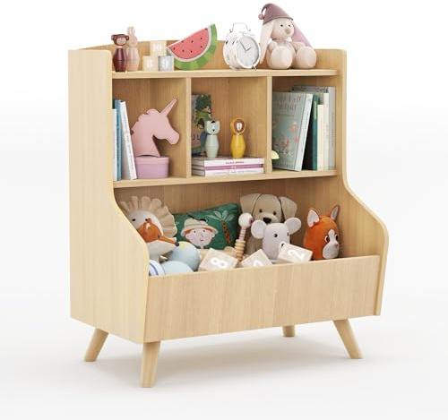 LUE BONA Estanteria Montessori con 3 Abiertos Compartimentos,Librería Infantil,Caja de Juguetes Móvil Multifuncional para Habitación de los Niños y Sala de Juegos,36 × 61 × 71 cm,Beige