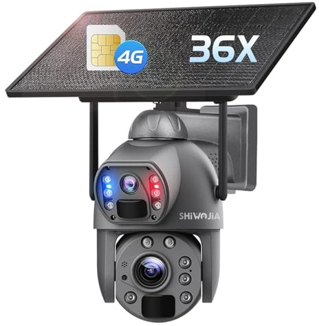SHIWOJIA 4G LTE 36X Zoom Hybride Caméra Solaire【Double Objectif】 avec Carte Sim, 15600mAh Camera Extérieure sans Fil, 8W Panneau Solaire, Vision Nocturne Couleur, IP66, Détection Humaine PIR