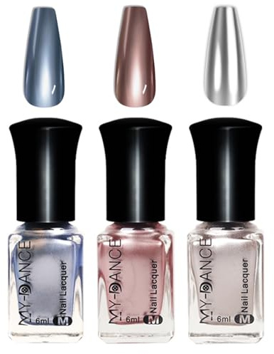 Metallic Nail Polish Set - Chrome Mirror Nail Varnish Kit - 3pcs Gold Rose Blue Sliver Plating Effect Nail Art Polish - Quick Drying No UV Needed Water-Based Metal Nail Polish For Women DIY Nail Art