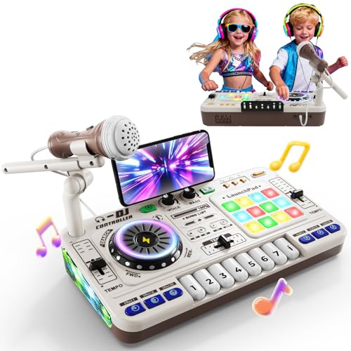Mesa de mezclas DJ para niños de 3 a 12 años con micrófono DJ Mixer, controlador de mezclas DJ con 100+ efectos de sonido, juguete musical con recargable, regalo ideal para niñas y niños principiantes