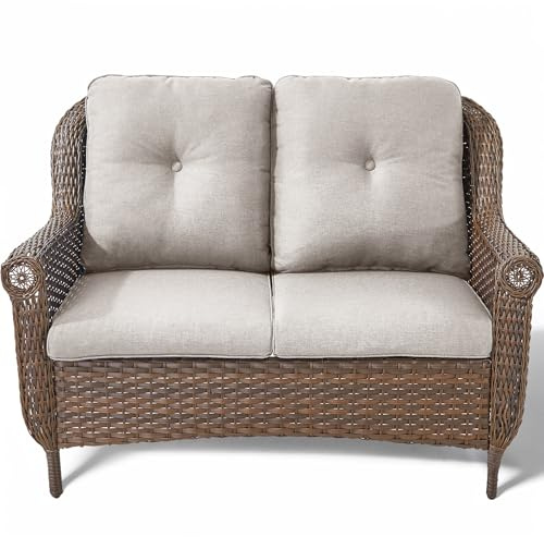 ACTREST Patio Loveseat Outdoor Wicker Sofa - Heavy Duty All-Weather Brown Rattan 2-Person Sofas with High Back and Comfortable Thick Cushions for Garden Back Porch Poolside Apartment - Beige