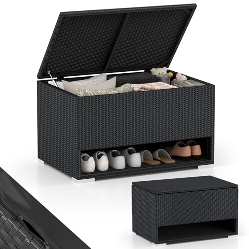 COSTWAY Gartenbox mit Schuhregal, Polyrattan Auflagenbox Wetterfest mit Schutzliner & Deckel, 186L Kissenbox, Aufbewahrungsbox für Garten, Terrasse, Balkon, 95 x 60 x 58 cm (Schwarz)
