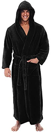 Mens Hooded Dressing Gown - Long Hooded Bathrobe Men Super Soft Long Fleece Bathrobe Dressing Gowns for Men Flannel Fluffy Pajamas Sleepwear Shawl Long Sleeved Robe Coat Black