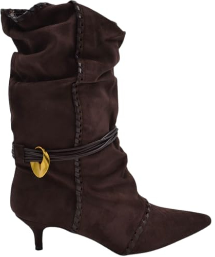 Malu Shoes Stivaletto Tronchetto Donna a Punta Arricciato camoscio Marrone con Coulisse Oro Removibile Tacco Kitten 3 cm (37 EU)