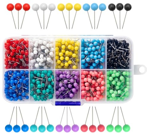 1000 Pcs Map Push Pins, 10 Colors Pin Board Pins, Stainless Point Head Marking Pins, Round Head Push Pin for World Maps, Fabric Marking, Pins for Pinboard