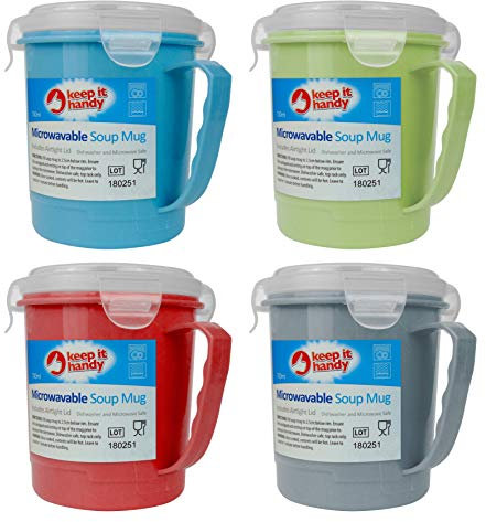 London Empire ® 4 x 700ml Microwave Soup to Go Container Mugs with Airtight Lid - Assorted Colours - Dishwasher & Microwave Safe