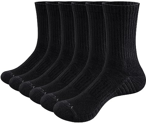YUEDGE 6 Pairs Cotton Cushion Crew Socks Workout Training Hiking Walking Athletic Sports Socks for Men and Women, Men 9-12/Women 8-11 UK Size, Black