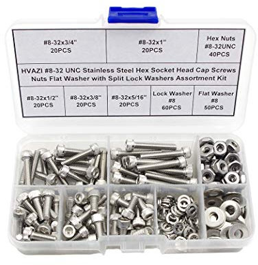 HVAZI #8-32 UNC Stainless Steel Hex Socket Head Cap Screws Nuts Flat Washer with Split Lock Washers Assortment Kit