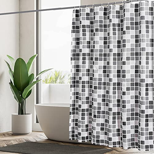 GERUIKE Wasserdicht Duschvorhang 180x200 mit Gewicht Unten, Anti-Schimmel & Waschbar Polyester-Stoff (130 GSM) mit 12 Ringen, Schwarz Grau Mosaik-Muster Shower Curtain