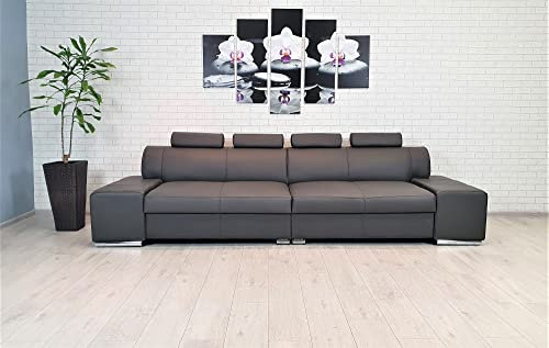 Quattro Meble Dunkelgraues Echtleder 4 Sitzer Sofa London 4z Breite 302cm mit Kopfstützen Ledersofa Echt Leder Couch grau