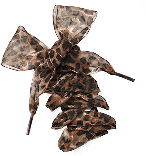 Jilibaba Lacci per scarpe, piatti, in chiffon, con nastro di raso, stampa leopardata, 4 cm di larghezza, lacci in organza per adulti e bambini, scarpe da skate, scarpe casual, marroni, 110 cm