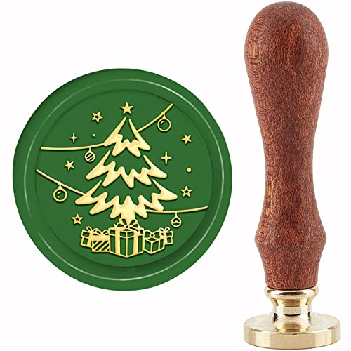 CRASPIRE Sello de Cera Sello de Sellado de Árbol de Navidad Sello de Sellado de Cabeza de Latón Extraíble de 30 mm / 1.18 Pulgadas con Mango de Madera para Invitaciones de Regalo