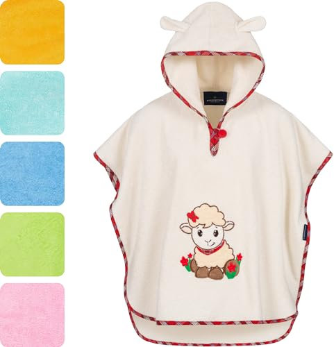 Morgenstern Badeponcho mit Kapuze Kinder Baby 1-5 Jahre Mädchen Jungen 100% Baumwolle Frottee OEKO TEX® Handtuch Badetuch Poncho Kapuzenhandtuch Bademantel Sleepy Sheepy