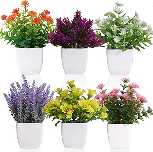 Rxinlucky Small Artificial Flowers in Pots 6 Pack, Mini Fake Plants Potted Indoor/Outdoor Artificial Plants Plastic Faux Plants Pot for Home, Office, shelf,Table,Garden Decor