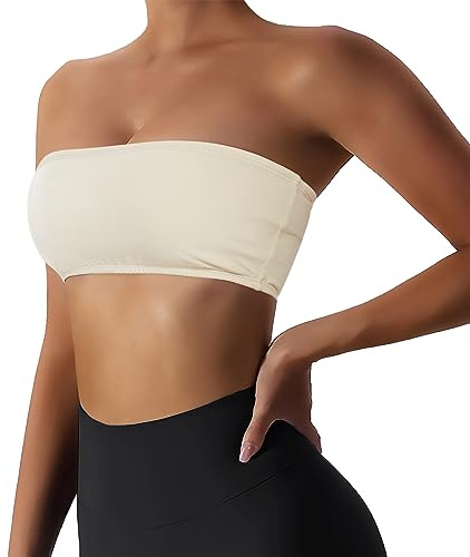Boudaner Gepolsterter Bandeau-BH für Damen, trägerlos, kabellos, nahtlos, Yoga, Workout, Bralette, Beige, Medium