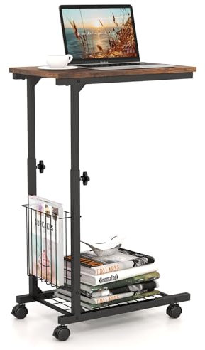 COSTWAY Beistelltisch mit Rollen, Laptoptisch höhenverstellbar, mit Aufbewahrungskorb, Sofatisch C-Form, Betttisch Industrial, Metallrahmen, 50 x 30 x 80 cm (Rustikales Braun)