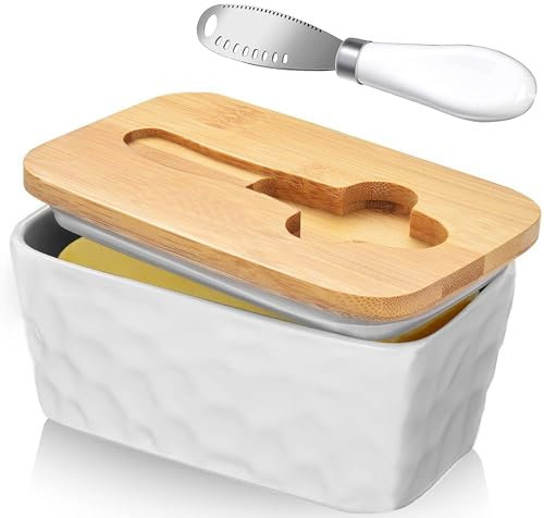 Beurier avec Couvercle et Couteau à Beurre, Beurrier en Verre en Porcelaine, Boite Beurre, Boite à Fromage pour Frigo Anti Odeur, Beurrier Ceramique pour Beurrier 250g (Blanc)