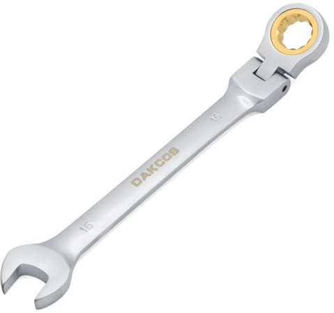 DAKCOS Kombi-Ratschenschlüssel 16mm - Ratschenringmaulschlüssel mit Gelenk aus CR-V mit mattierter Chromoberfläche
