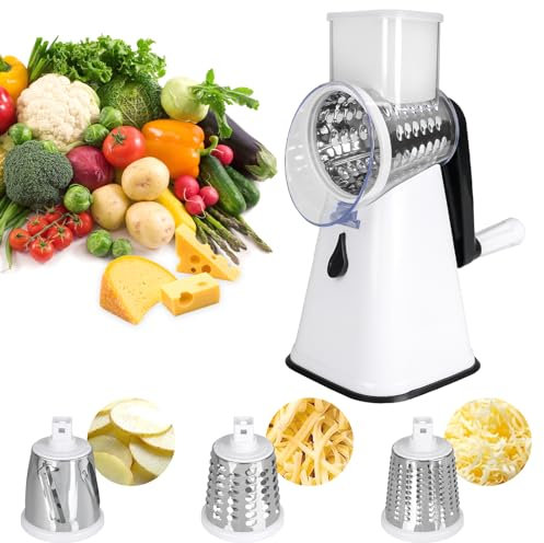 Käsereibe mit Kurbel, Trommelreibe Manuell mit 3 Abnehmbaren Trommelblättern, Reibe für Gemüse Küche, Karottenreibe Ideal für Käse, Gurken, Karotten, Nüsse