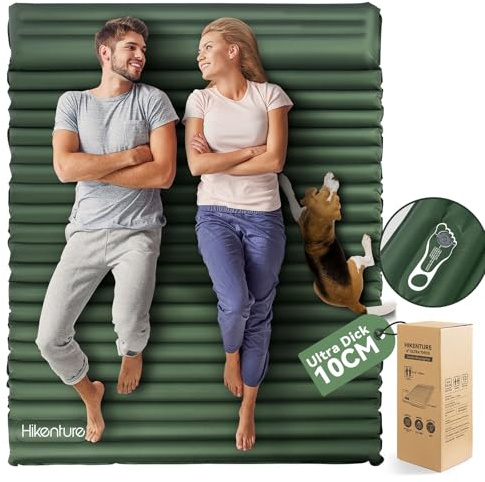 HIKENTURE Materasso da campeggio per 2 persone, 10 cm, doppio materassino gonfiabile con cuscino, 140 cm, con pompa a piedi, per campeggio, attività all'aperto, escursioni, spiaggia, verde