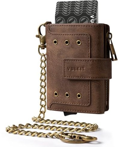 VULKIT Mens Card Holder Wallet RFID Protected with Chain, POP UP Card Case, ID Window, Zipper Pocket for Coins and Compartment for Bills/Banknotes, Coffee Brown