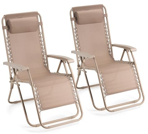 VonHaus Zero Gravity Chairs Set of 2 - Reclining Sun Loungers for Garden - Textilene Folding Sunloungers with Detachable Headrest - Fold Away 2 Set Deck Chairs for Outdoor, Patio (Taupe)