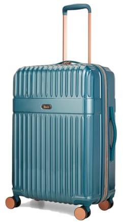 Rock Selene Medium Expandable Hard Shell Hold Suitcase in Blue - Elegant Design, 360 Swivel-Wheels, Telescopic Handle, Metallic Finish, Copper Accents & TSA Combination Lock - 66x45x31cm 3.9KG