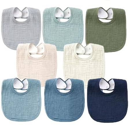 Oaygat 8 Pack U-Shaped Muslin Baby Bibs, Adjustable Snap Fastener Bandana Drool Bibs Ultra Absorbent Soft Feeding & Teething Bibs Unisex Design for Baby