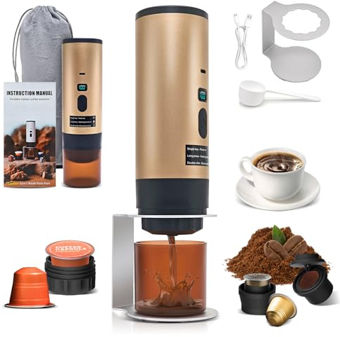 RoserRose Tragbare Kaffeemaschine, Reisekaffeemaschine, Drahtlos & Selbstwärmend - Mit 7800mAh Akku, USB-C Ladefunktion & 20-Bar-Presse, Kompatibel mit Nespresso/Dolce Gusto/Mahlkaffee (Gold)
