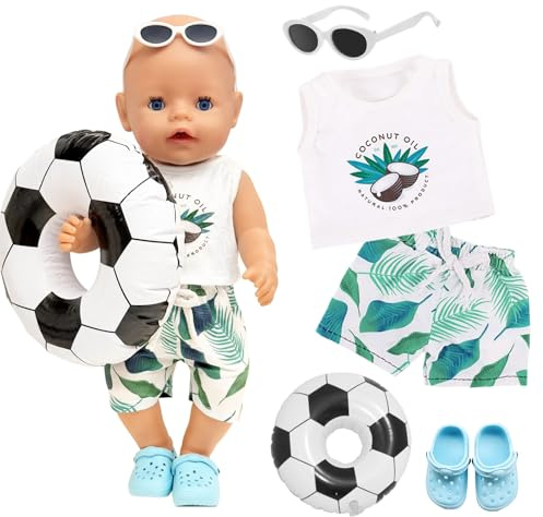 5 Pcs Baby Doll Clothes for 14-16 Inch Dolls, Swimming Baby Doll Outfit, 1 Swimsuit + 1 Trunks + 1 Swim Ring + 1 Glasses + 1 Slippers, Blue Swimming Doll Clothes, as a Gift for Kids(No Doll）