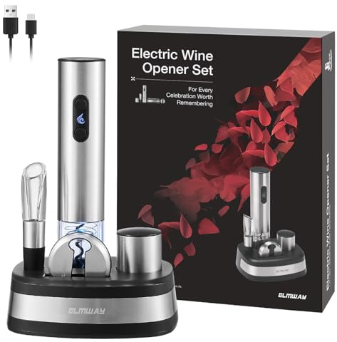 ELMWAY Juego de abridor de vino eléctrico recargable, sacacorchos eléctrico con luces LED duales, extracción rápida de corcho, incluye base de almacenamiento premium, cortador de aluminio, vertedor