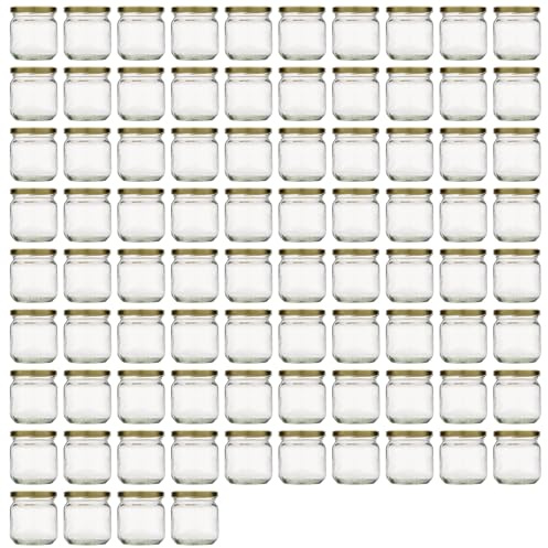 Flaschenland Lot de 84 bocaux ronds de 212 ml en verre transparent, idéaux pour la confiture, le miel, le pesto, stockage hermétique avec couvercles dorés, résistants à la chaleur et au froid