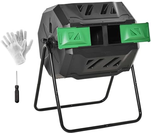 Outsunny Compostiera da Giardino Girevole a 2 Sezioni con 8 Prese d'Aria, Compostiera Domestica in Acciaio e PP, 160 L, per Compostaggio Rifiuti Organici, 71x65x96 cm, Nero, Verde