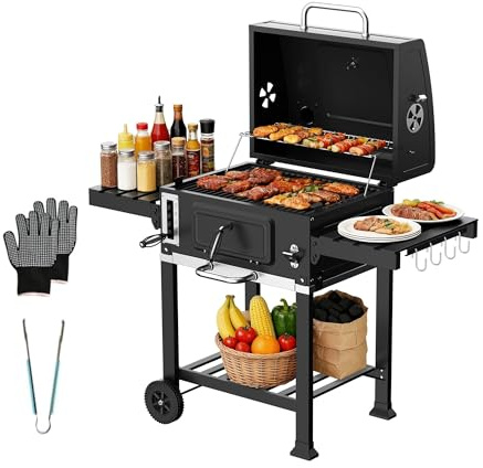 TEENO XXL Barbacoa de Carbón de Madera, Termómetro Integrado, Chimenea, Sacacorchos y Unidad de Ahumado, Barbacoa XXL con Parrilla para Mantener Caliente, Fiestas y Reuniones Familiares